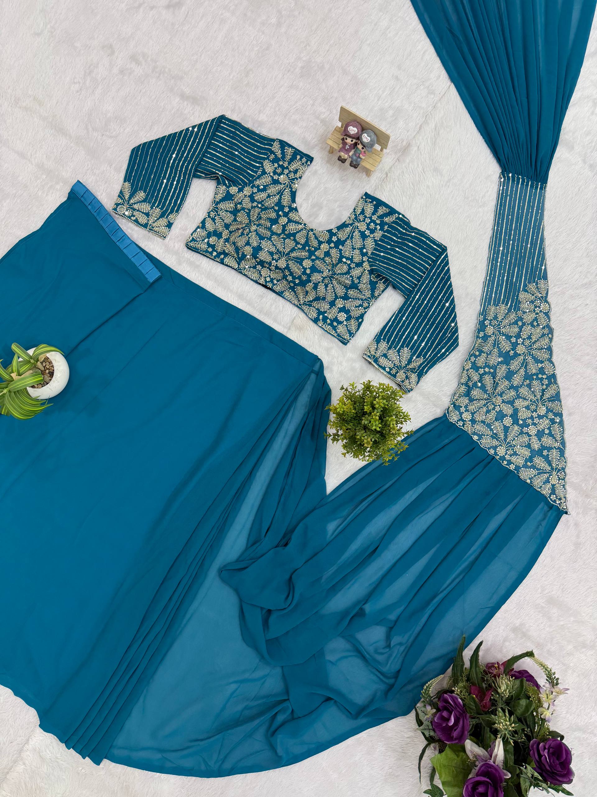 READY TO WEAR SAREE WITH FULLY SEMI-BEADS EMBROIDERED STYLIST BLOUSE