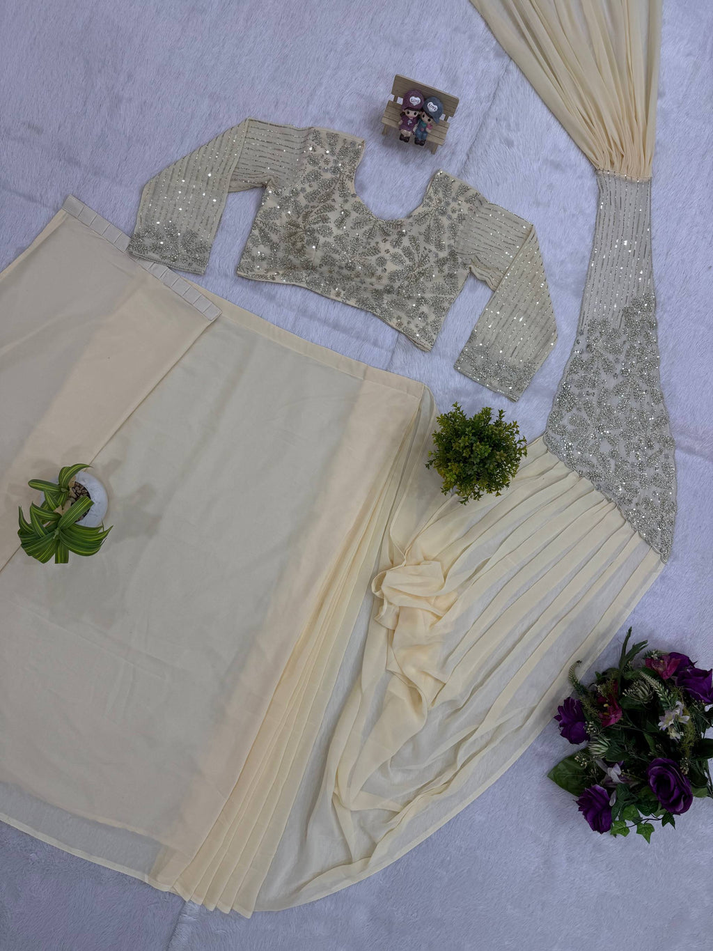 READY TO WEAR SAREE WITH FULLY SEMI-BEADS EMBROIDERED STYLIST BLOUSE