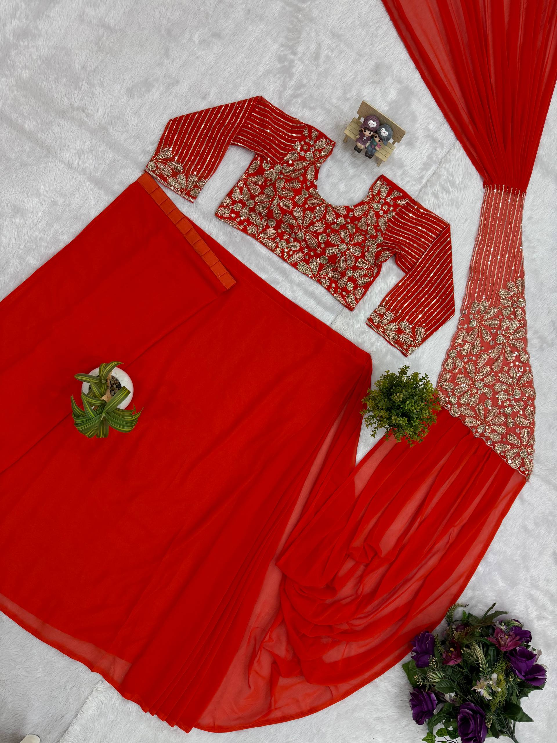 READY TO WEAR SAREE WITH FULLY SEMI-BEADS EMBROIDERED STYLIST BLOUSE