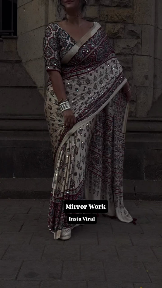 VINTAGE-INSPIRED MODAL SILK SAREE WITH REAL MIRROR